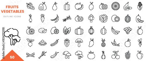 A collection of 50 outline icons featuring various fruits and vegetables.