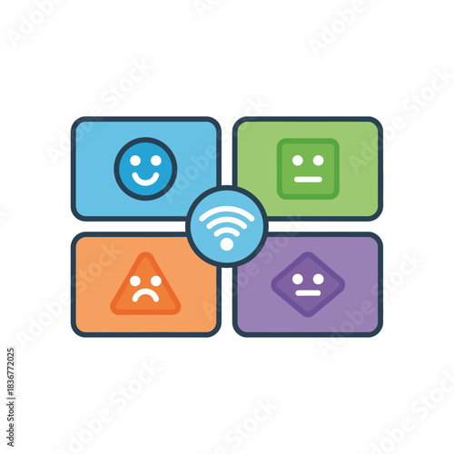 wifi network management showing feedback connection status happy neutral sad illustrating wireless communication connectivity issues and monitoring.