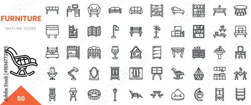 A collection of 50 outline icons representing various furniture items in a minimalistic style.