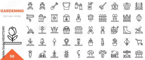 Collection of outline icons depicting various gardening tools and elements in a minimalist style.