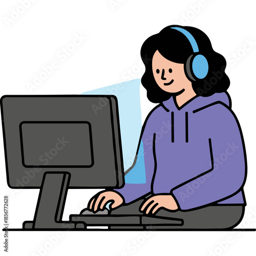 Young Person Wearing Blue Headphones and Purple Hoodie Typing on Computer Keyboard in a Minimalist Room with Simple Background and Soft Lighting