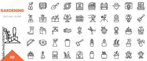 A collection of 50 gardening outline icons featuring tools and plants.