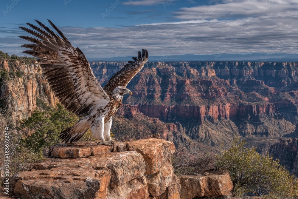 Naklejka premium Majestic Eagle with Wings Spread Over Grand Canyon View