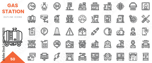 A collection of 50 outline icons depicting various gas station elements, including pumps and vehicles.