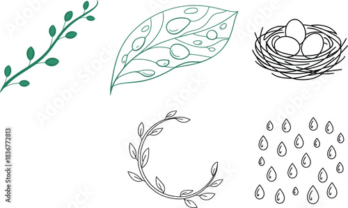 Spring and Nature Elements: Leaves, Nest, Raindrops, and Branches
