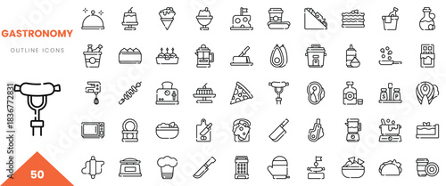 Collection of 50 outlined gastronomy icons depicting various food and cooking elements.