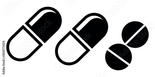 Medical Pills Icon Vector – Capsule and Tablet Pictogram in Clean Minimal Style