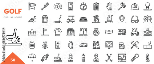 Collection of golf outline icons representing various elements of the sport.