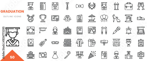 Collection of graduation-themed outline icons, featuring caps, diplomas, and celebratory items.