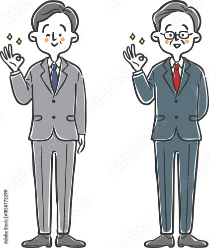 OKサインをする中高年ビジネスマン　全身　ベクター
