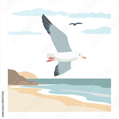 Seagull soaring above a tranquil beach scene