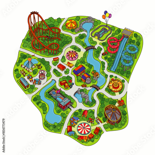 Amusement Park Map with Roller Coasters and Water Rides.
