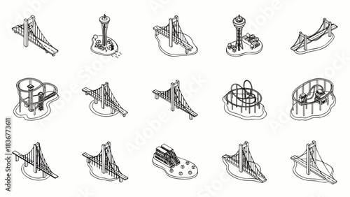 Collection of Hand-Drawn Isometric Illustrations of Famous Landmarks and Bridges.