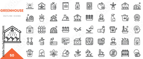 A collection of outline icons representing various greenhouse elements and gardening tools.