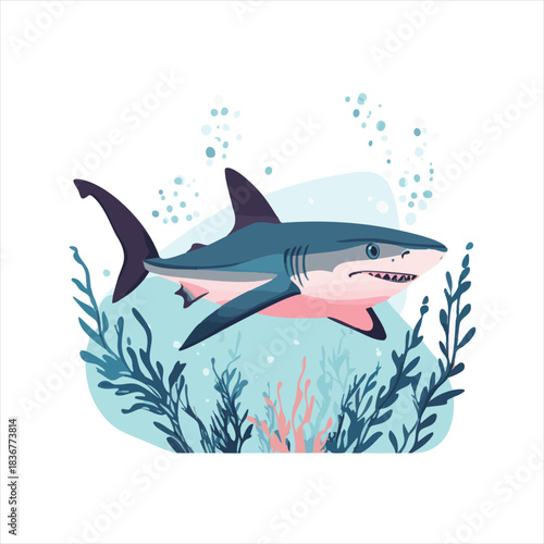Oceanic shark illustration with kelp and bubbles