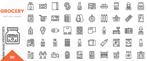 A collection of grocery outline icons representing various food items and shopping elements.