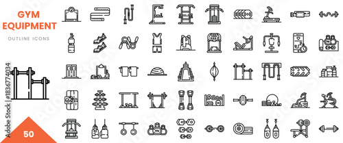Collection of gym equipment outline icons, showcasing various workout tools and machines.
