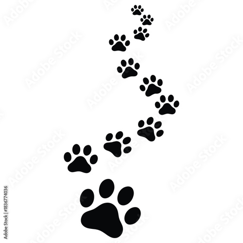 Charming black paw prints trail diagonally across clean white background for pets