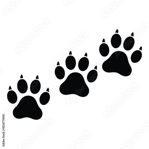 Striking black animal paw prints trail across clean white background for wildlife design