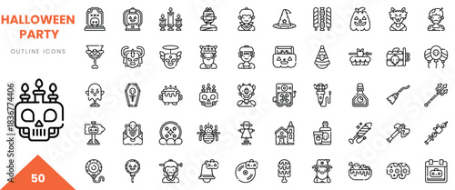 A collection of Halloween party outline icons featuring spooky characters and festive items.