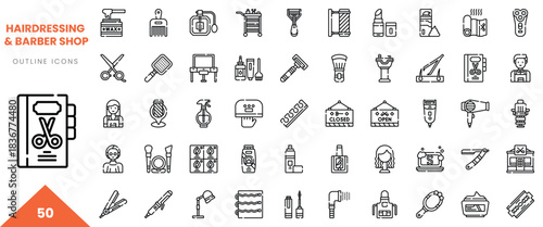 A collection of hairdressing and barber shop outline icons in a stylish arrangement.