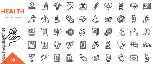 Collection of minimalist health-related outline icons showcasing various aspects of wellness and care.