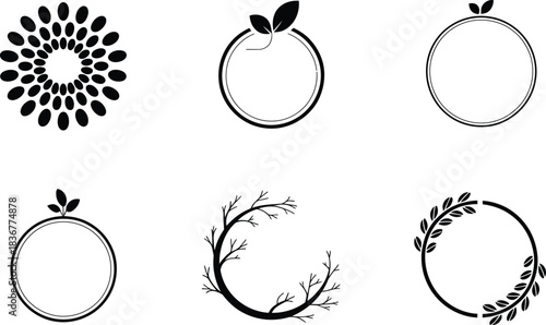 Collection of Six Black and White Circular Logos with Nature Motifs