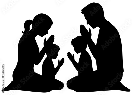 Family prayer silhouette, parents and children showing devotion