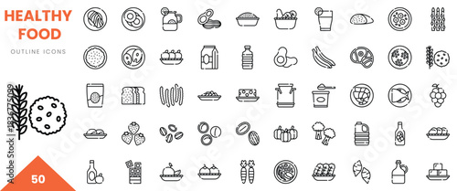 Collection of healthy food outline icons, featuring fruits and vegetables in minimalist design.