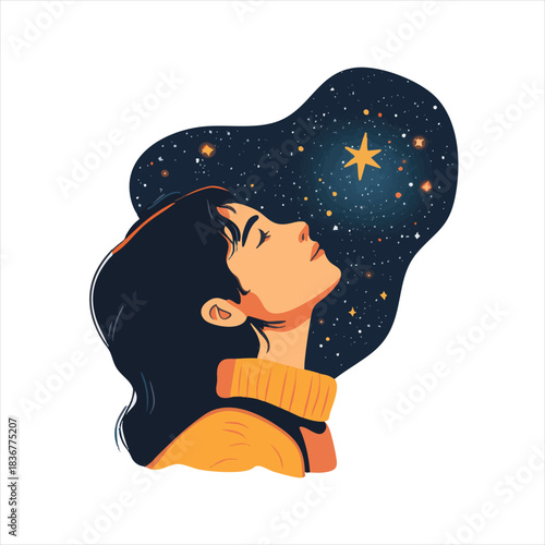 A woman gazing at the starry night sky, lost in thought.  A peaceful, dreamy illustration