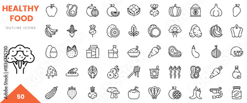 A collection of outlined icons showcasing healthy food items, including fruits, vegetables, and proteins.