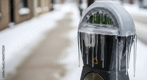 Urban parking meter completely covered in ice and sharp icicles on a snowy street, representing harsh winter weather concept and freezing conditions