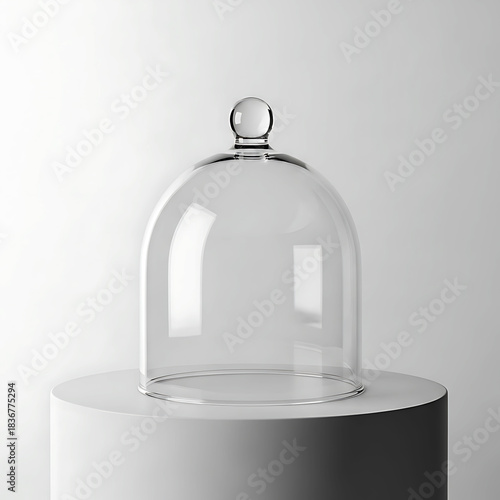 glass bell jar on a matte white pedestal, empty clear glass bell jar cloche, product display mock ups, exhibition concepts, luxury branding, presentation templates.