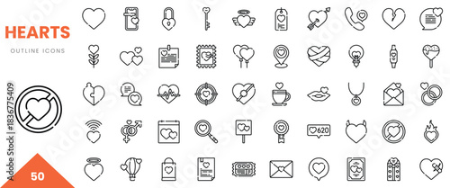 Collection of heart outline icons representing love, communication, and connections in a minimalist style.