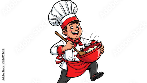 Enthusiastic baker mixing batter with joy, perfect for baking promotions, culinary arts projects, restaurant designs, and food-related marketing materials