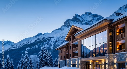 Luxury ski resort hotel facade illuminated in snowy alpine mountains at twilight for winter vacation concept and exclusive mountain retreat