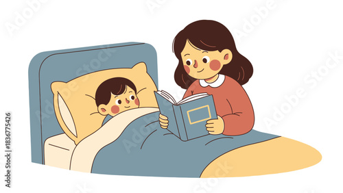 Cozy bedtime story with mom, creating cherished memories, a loving moment of togetherness, perfect for family blogs and children's books illustrations