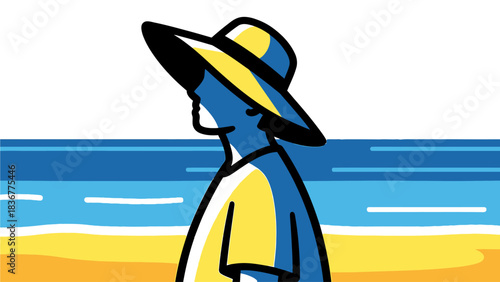 Stylish summer beach vacation art with a lady wearing a hat, perfect for travel advertisements, vacation blogs, and summer themed designs