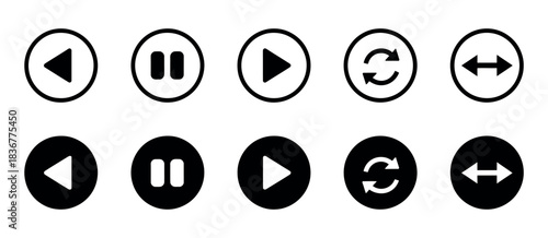 Media Control Icons Vector. Play, Pause, Replay, Previous, and Next Track Symbols for Video and Streaming Apps