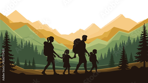 Active family enjoying hiking adventure together through scenic mountain landscape, creating lasting memories and promoting a healthy lifestyle in nature