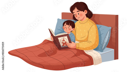 Cozy bedtime story moment mother reading to child in bed, bonding through literature, creating a warm, memorable family experience, cheerful illustration