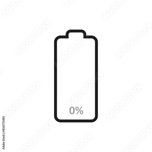 Zero percent battery icon showing low power indicating technological failure perfect for illustrating digital exhaustion and energy depletion in apps.