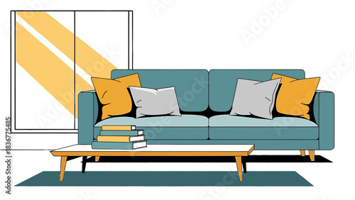 Stylish living room setup with couch and books, ideal for home design inspiration, showcasing interior decor, and modern furniture arrangements