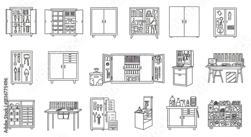 workshop storage cabinets with tools and equipment illustrating organization and efficiency in a tidy workspace ideal for garage or hobby room projects