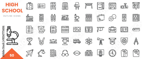A collection of high school-related outline icons including stationery and educational tools.