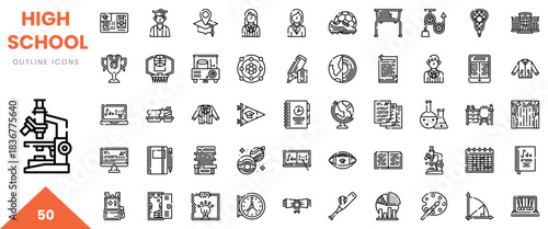 Collection of high school outline icons depicting education-related themes and elements.