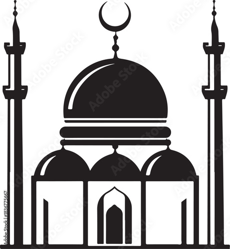 Minimal silhouette style vector mosque logo design featuring clean black shapes, elegant architectural domes, simple line art, modern Islamic branding icon ideal for cultural projects, spiritual theme