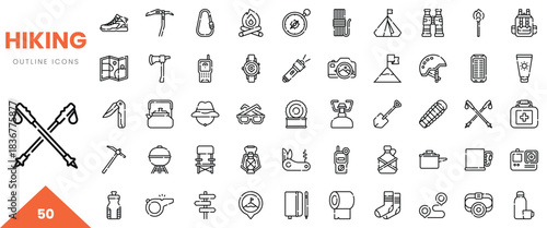 A collection of 50 outline icons representing various hiking gear and outdoor activities.