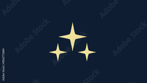 Three sparkling golden four-pointed stars, one central and two subordinate, symmetrically arranged on a deep navy blue background, symbolizing excellence.