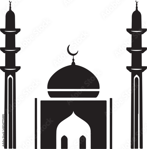 Minimal silhouette style vector mosque logo design featuring clean black shapes, elegant architectural domes, simple line art, modern Islamic branding icon ideal for cultural projects, spiritual theme